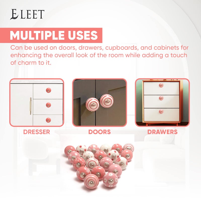 Eleet مقابض خزانة سيراميك متنوعة من eleet - باب خزانة عتيقة وأدراج تسحب أجهزة من الكروم (مجموعة مقابض سيراميك مكونة من 20 قطعة باللونين الوردي والأبيض) - Image 5